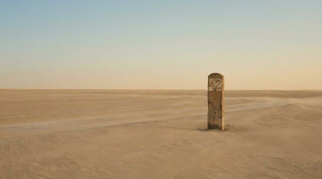 Weathered distance milestone post with number 42 standing in a vast arid desert landscape with blowing sand, conceptual image for remote journey, navigation, and endurance