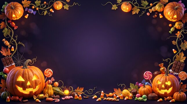 Halloween frame border with carved pumpkins jack-o-lanterns and sweet candy treats on a dark festive background