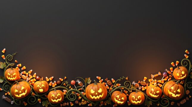 Spooky halloween border with glowing jack o lantern pumpkins and candy corn on a plain white background