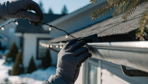 Person in gloves installing warm white Christmas lights onto a house gutter in winter