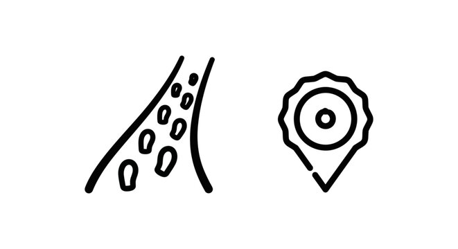 Black line art icons showing an imprint path with footprints and a seal point location marker footprints location navigation direction destination tracking minimalist circular