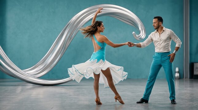 Professional Salsa Couple Performing a Graceful Traveling Turn with Overhead Arm Arc, Turquoise Jersey Dress and Pearl Chiffon in Sculptural Studio