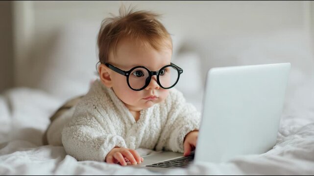 Cute baby with glasses lying on the bed and typing on a laptop, concentrating on the screen