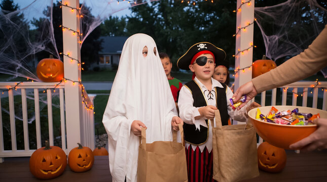 Group of cute diverse children in colorful Halloween costumes trick or treating at suburban porch, receiving candy during autumn evening celebration