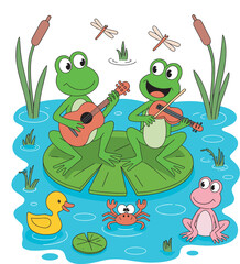 Fototapeta premium Cute Cartoon Frogs Playing Guitar and Violin on Lily Pad in Pond Vector Illustration with Duck, Crab, and Dragonfly Elements
