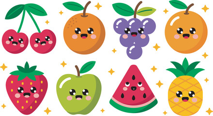 Fototapeta premium Cute Kawaii Fruit Vector Sticker Set Featuring Happy Smiling Faces for Kids Education, Healthy Eating Campaigns, and Fun Graphic Design Submissions