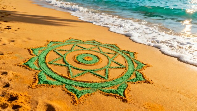 Intricate green sand mandala artwork on golden beach shoreline with turquoise ocean wave foam, spiritual mindfulness and wellness retreat background concept