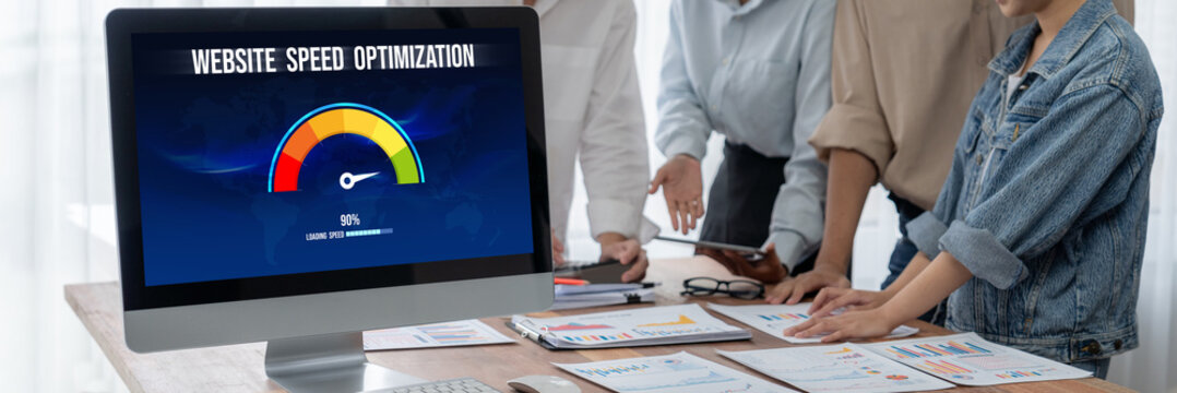 Computer software evaluating website loading speed. Concept of improving website loading speed brisk.
