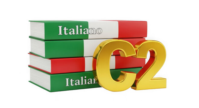 Stack of italian language books with golden c2 level sign isolated on transparent background