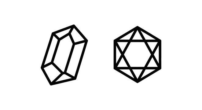 Minimalist black outline vector icons featuring a faceted gemstone crystal and a geometric star hexagon mark gemstone geometry abstract creative valuable symmetry structure identity