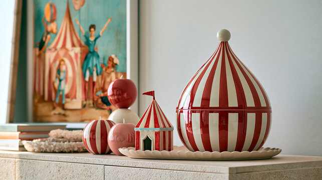 Whimsical funhouse decor with red and white striped circus tent ornaments, playful ceramic objects and vintage carnival artwork in a stylish interior