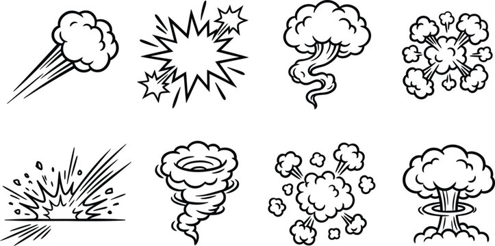 Set of cartoon comic explosion, smoke, and tornado effects