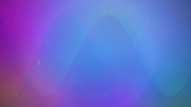 Abstract Purple and Blue Motion Background with Hexagons and Sine Waves.