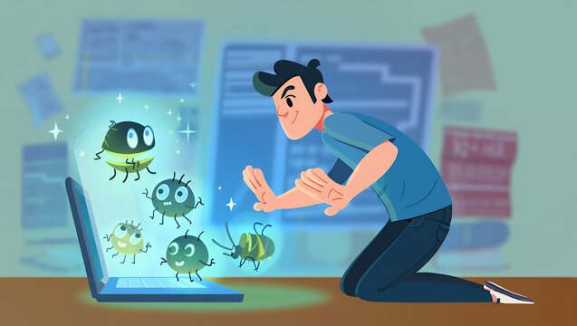 Software developer debugging code with glowing cartoon bugs emerging from laptop, flat vector illustration for programming errors, QA testing, and cyber security