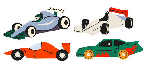Naklejka premium Racing cars vector illustration set. Sports cars and speedy automobiles in cartoon doodle style isolated on white background. Fast driving vehicles collection