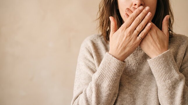Shocked woman covering mouth with hands in beige sweater, expressing surprise or silence gesture, portrait of female hiding face, emotional reaction, secret keeping, Oops moment