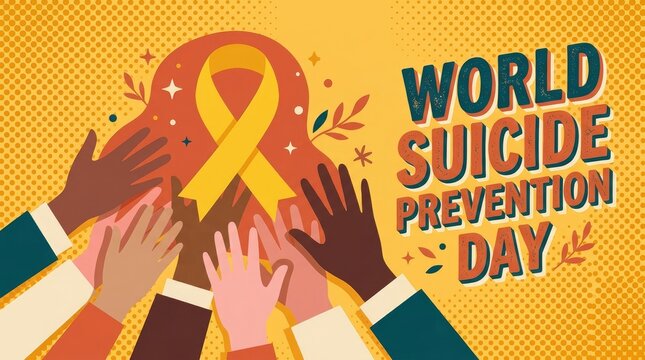 World Suicide Prevention Day banner with yellow ribbon and hands supporting concept