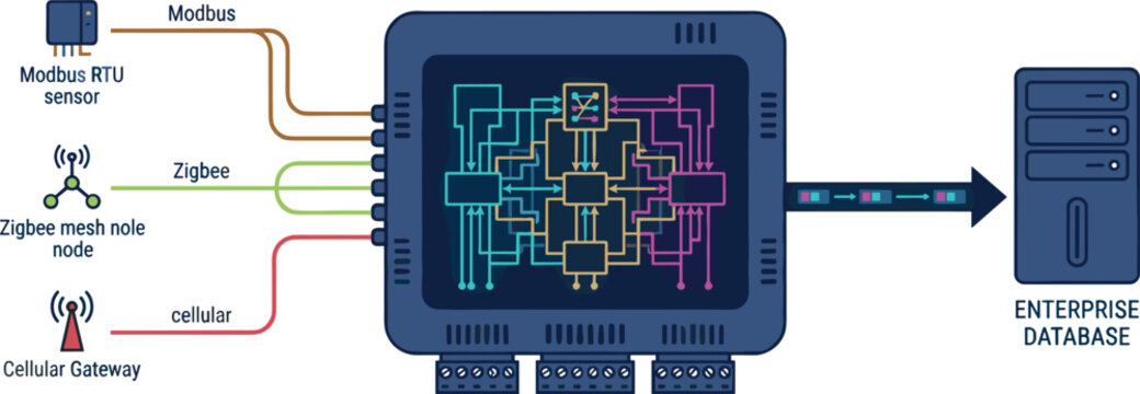 Industrial IoT Gateway Vector Diagram with Modbus Zigbee and Cellular Network Connectivity Converting Sensor Data to Enterprise Database Systems Illustration