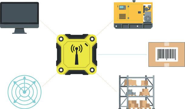 Industrial Wireless Gateway Hub with Barcode Tracking Generator Machine Monitor and Warehouse Inventory Shelving Icons for Smart Logistics Management System Vectors