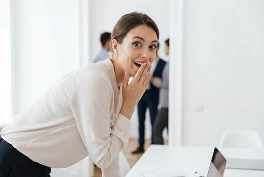 Playful businesswoman covering mouth with hand while sharing office gossip and exciting corporate news at desk in bright modern workplace with colleagues