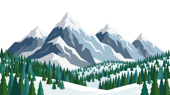 Vector illustration of snowy mountain peaks with pine trees winter landscape