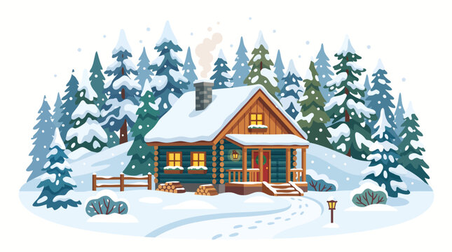 Cozy winter wooden cabin in a snowy forest landscape vector illustration
