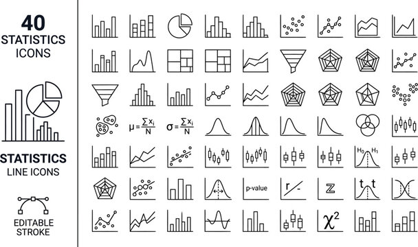 40 Editable Statistics Icons Set Including Bar Charts Line Graphs Pie Charts Scatter Plots Histograms Candlesticks and Statistical Symbols