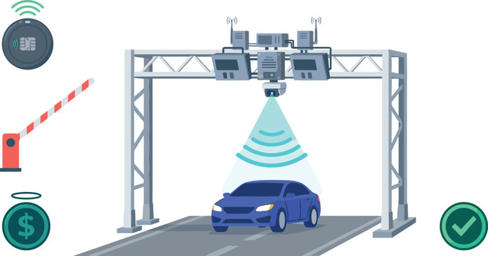 Smart Electronic Toll Collection System Vector with Automatic Barrier Gate RFID Scanning Gantry Payment Tracking and License Plate Recognition Icons