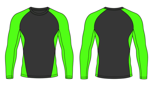Two tone Neon green, dark grey Long sleeve Raglan Compression shirt technical fashion flat sketch vector Illustration template front, back views isolated. Basic apparel Design Mock up CAD.