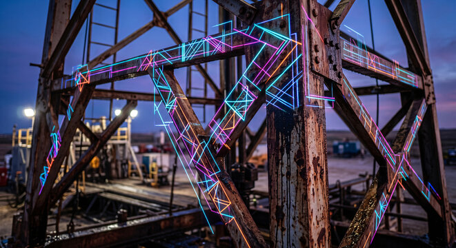 Photorealistic close up of oil derrick steel structure with neon linear geometric projections
