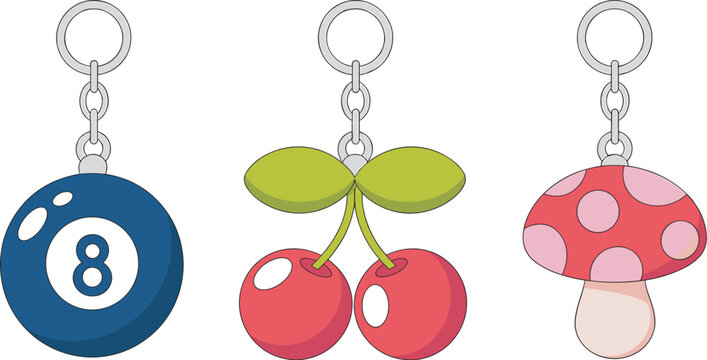 Cute Y2K Aesthetic Keychain Vector Set with Magic 8 Ball Cherry and Mushroom Charms for Retro Fashion Merchandise and Graphic Accessory Designs