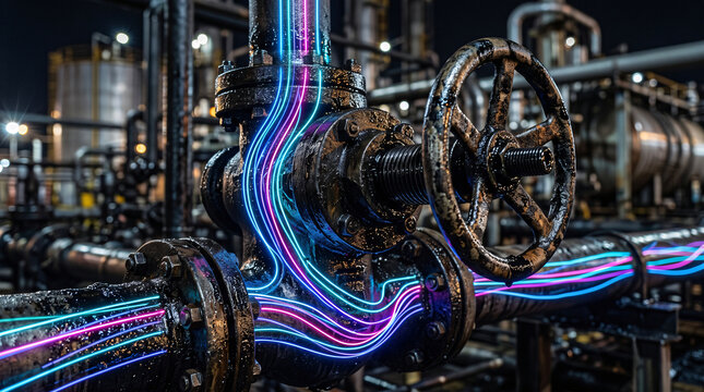 Photorealistic close up of pipeline welding seam with glowing neon linear structural analysis
