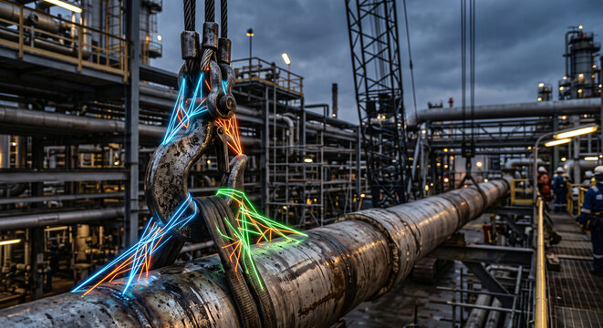 Photorealistic close up of a heavy steel crane hook lifting an oil pipe with neon linear abstract tension mesh