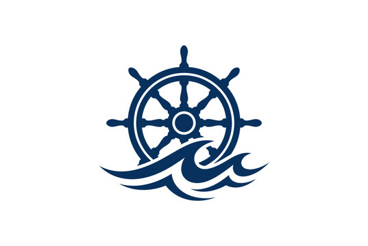 Vector illustration of a nautical ship steering wheel with ocean waves, perfect for maritime logos and designs