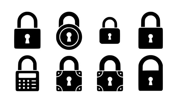 Black padlock icon set with different locked security symbols signs and protection vector illustrations