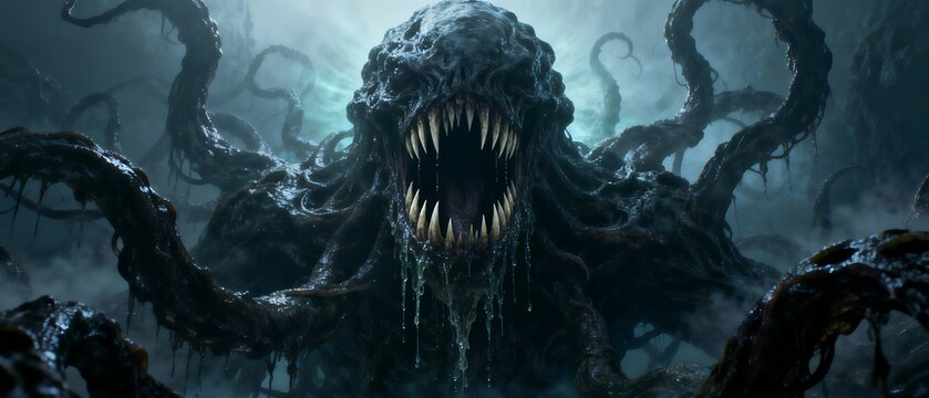 Terrifying cosmic horror monster with a gaping toothy maw and writhing dark tentacles emerging from a foggy underworld abyss, perfect for dark fantasy and sci-fi book covers