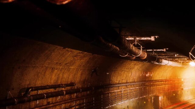 A dark underground tunnel with visible pipes along the walls. A faint light can be seen at the end of the tunnel. The setting feels industrial and isolated.