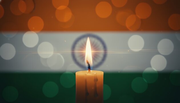 Indian Independence Day memorial with lit candle against tricolor flag and Ashoka Chakra, patriotic background for national tribute, freedom, unity and solemn commemoration