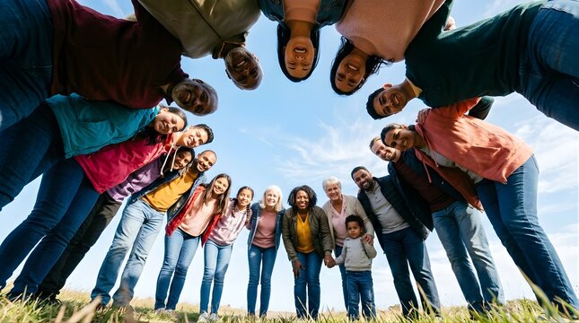 Diverse group of people forming a circle and looking down in a park