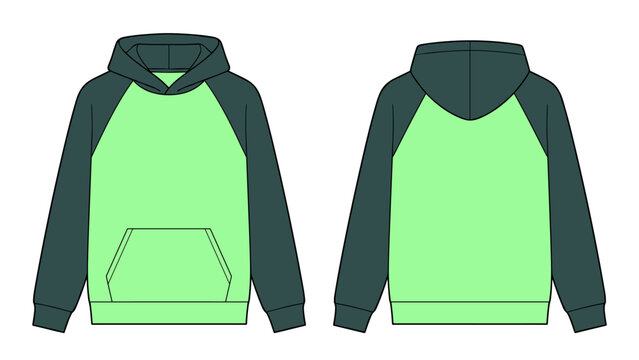 Two tone Mint, dark green Long sleeve Raglan Hoodie technical fashion flat sketch vector Illustration template front, back views isolated. Basic apparel Design Mock up CAD.