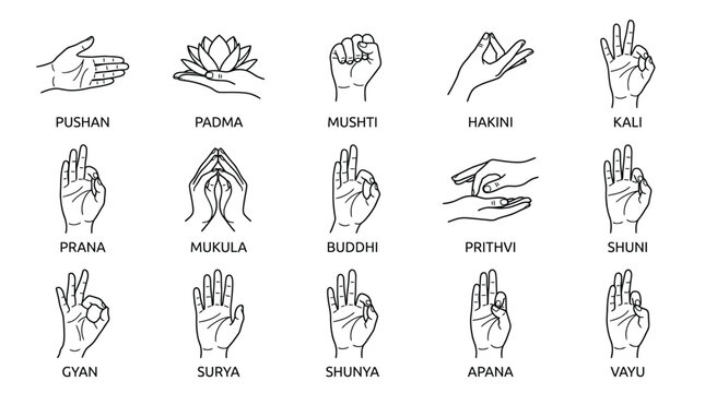 Hand mudra collection showing various sacred yoga gestures in a clean minimal black vector graphic illustration