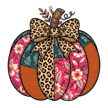 Halloween pumpkin gift box with leopard print bow and floral pattern isolated on transparent background