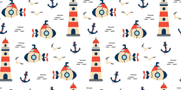 Seamless nautical pattern with colorful submarines, striped lighthouses, anchors, seagulls and ocean waves on a clean white background.