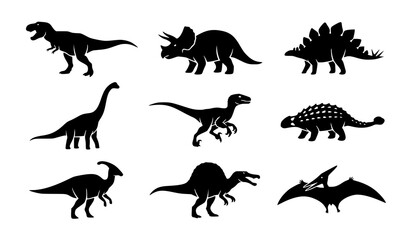 Nine Dinosaur Black Silhouette Vector Icons, Prehistoric Animal Collection © Saima