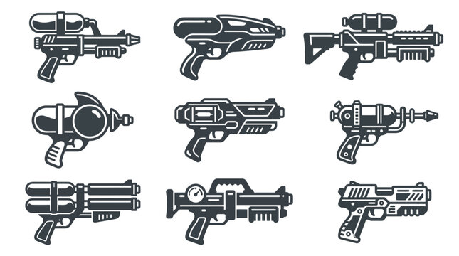 Variety of toy blaster and water gun silhouettes for action play.
