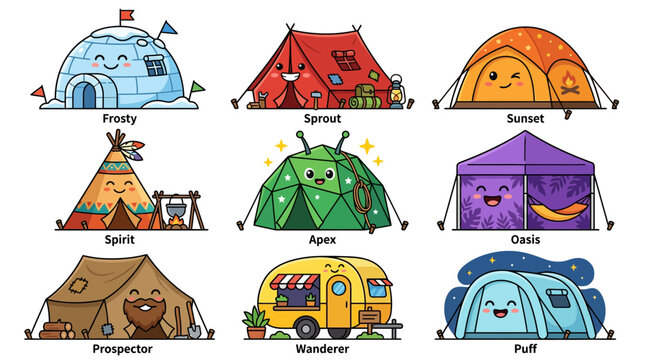 Various camping tent and outdoor shelter character stickers.