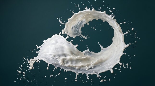 Dynamic splash of fresh white milk forming a circular shape isolated on a dark background
