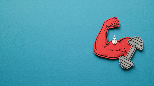Biceps muscle paper cutout with a dumbbell and sweat drop rests on a textured blue background with copy space.