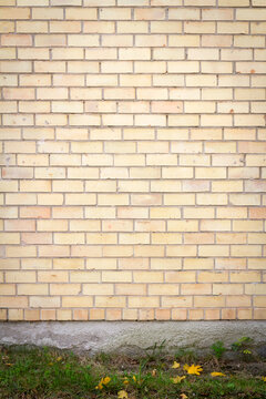 Yellow brick wall background with green grass. Architectural detail.