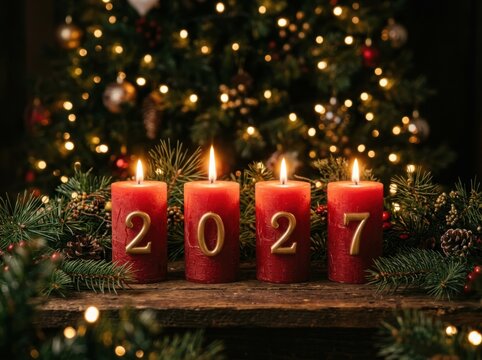 Four red candles with golden numbers 2027 glowing in front of a blurred christmas tree with warm fairy lights in a cozy festive atmosphere